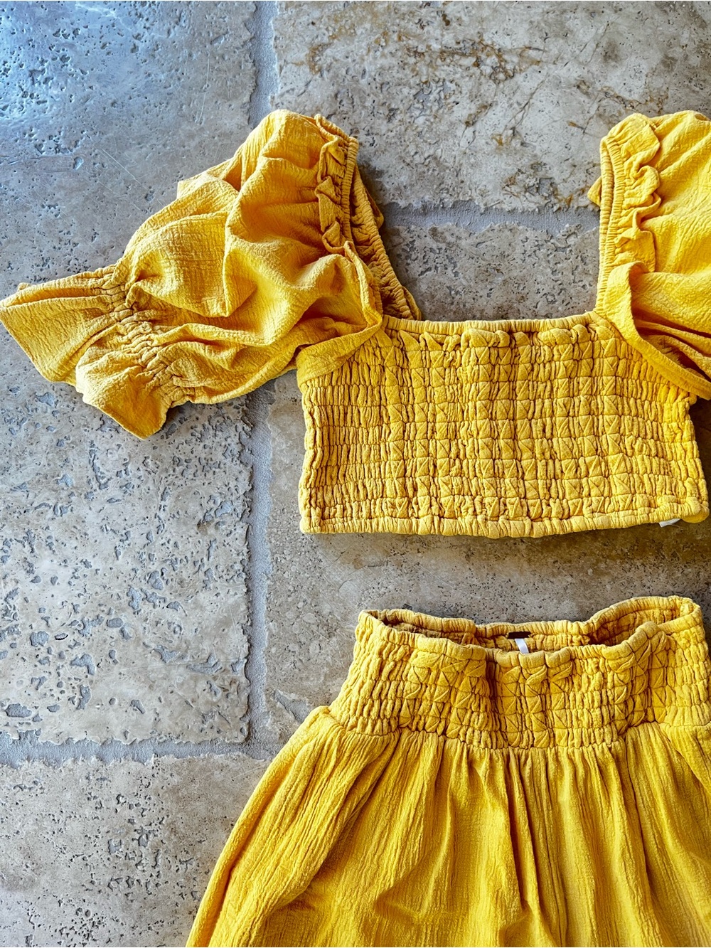 Free People Mustard Yellow Smocked Puff-Sleeve Crop Top and Pants set